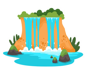 Waterfall. Gaming platform, cartoon forest landscape, 2d user interface design for computer or mobile phone. Bright waterfall with stones and vegetation.