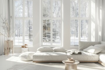 White living room with sofa and windows. Interior design of modern home entryway in winter time - obrazy, fototapety, plakaty