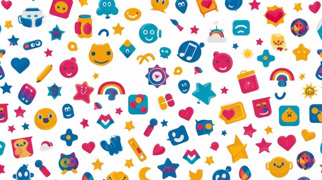 Seamless pattern with cute colorful smiley face icons and various objects 