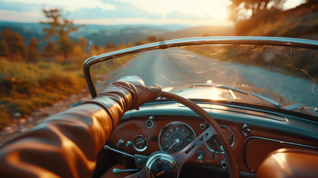 Fototapeta Inside of a car, driving at sunset