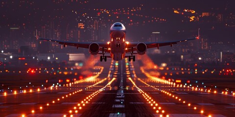 Airplane moments after take-off, with its landing gear retracted, set against a twilight sky. The runway lights create a striking path that leads to a city's vibrant lights in the background.  - obrazy, fototapety, plakaty