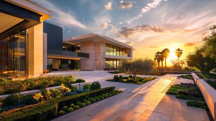 An expansive image of a luxury home at high noon, where the sun peak creates a play of light and shadow across the modern facade and landscaped gardens, highlighted by the contrast of indoor 