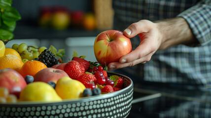 A hand taking an apple from a fruit bowl.