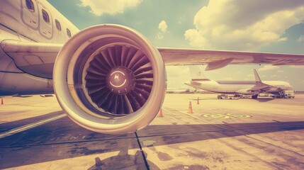 A turbine on the wing of a modern passenger aircraft. Turbine's fierce spin, powering aircraft forward, conquering the skies.