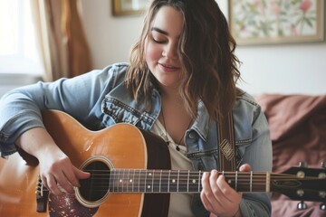Plus-size young woman enjoying playing guitar in a cozy room. - obrazy, fototapety, plakaty