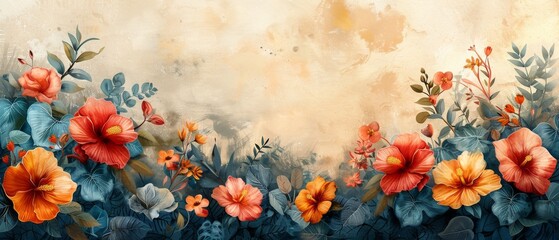 Hand drawn plants. Tropical, Flowers. Leaves. Gold elements, watercolor painting, textured background. Prints, wallpapers, posters, murals.................... - obrazy, fototapety, plakaty