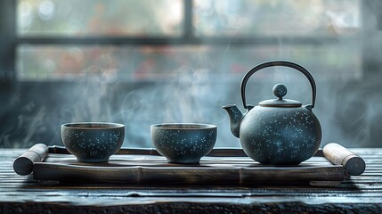 Tea Ceremony: Elegant teapot and teacups arranged on a wooden tray - obrazy, fototapety, plakaty