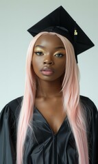 A beautiful young woman with pink hair wearing a graduation cap. Generative AI.