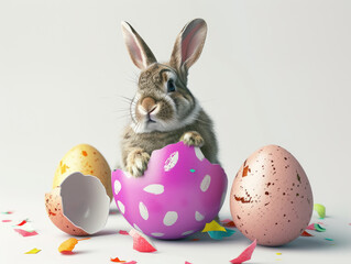 A rabbit wearing a cute shirt emerges from the big egg with beautiful colorful shells on a white background.