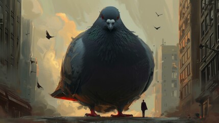 A large pigeon standing in the middle of a city street. Generative AI.
