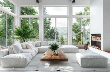 White modern living room with large windows, wood burning fireplace and white sofas with a wooden coffee table