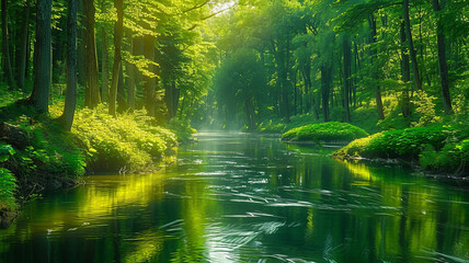 Obraz premium Tranquil forest scene: river, tall trees, soft sunlight, serene atmosphere.generative ai