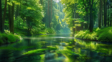Fototapeta na wymiar Tranquil forest scene: river, tall trees, soft sunlight, serene atmosphere.generative ai
