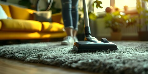 Household Chores: Cleaning Carpets with a Vacuum Cleaner. Concept Carpet Cleaning, Household Chores, Vacuum Cleaner Techniques - obrazy, fototapety, plakaty