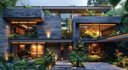 A contemporary house in Tulum, Mexico with dark concrete walls and greenery. The exterior includes multiple levels of glass windows overlooking the jungle. Created with Ai