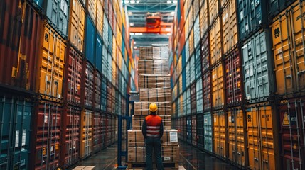 Portrait of a warehouse worker standing in front of a large container. - obrazy, fototapety, plakaty