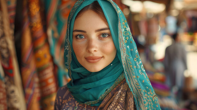 Woman in a colorful headscarf.