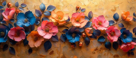 The abstract oil painting consists of flowers, leaves. Sprinkle the paint on the paper and wait for it to dry. Shiny golden texture. Prints, wallpapers, posters, cards, murals, rugs, hangings, wall