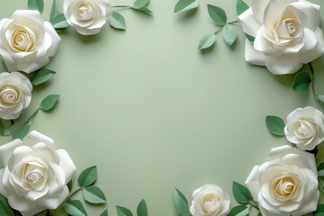 Frame of paper white roses on an olive background, greeting card, top view