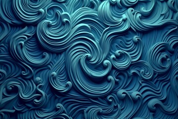 Dark Blue wavy 3D background or wall. Ornamental sea waves. 