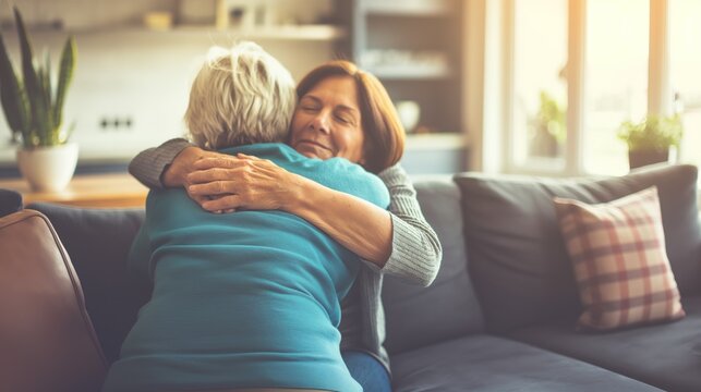 M&atilde;e e filha se abra&ccedil;ando no Dia das M&atilde;es. Celebra&ccedil;&atilde;o do amor materno e do v&iacute;nculo especial entre m&atilde;e e filha.