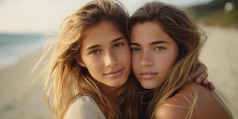 Fototapeta premium Two young women in love hugging on the beach, close-up portrait of lesbians. Generative AI.