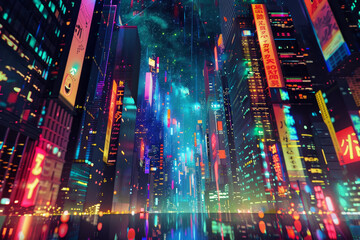 A cityscape with neon signs and a sky full of stars - obrazy, fototapety, plakaty