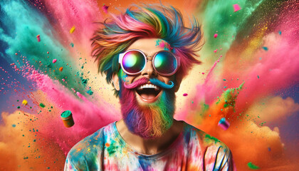 man with sunglasses, in a colorful powder explosion, generative ai - obrazy, fototapety, plakaty