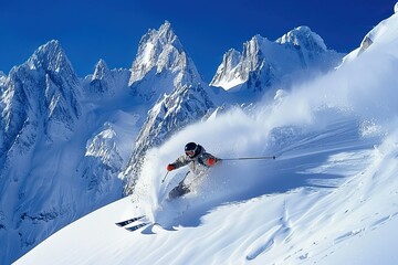 Skier making a turn in powder snow with mountain background - obrazy, fototapety, plakaty