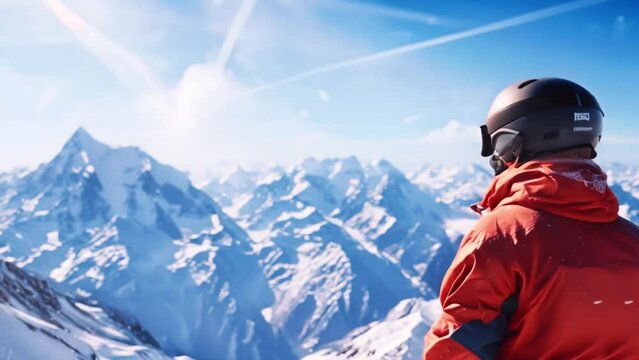 Man skier in red jacket standing at the peak of snowy mountain, clear blue sky. Alpine ski downhill resort. Winter season vacation . Skiing or snowboarding extreme sport activity concept.