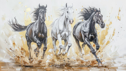 Majestic  Horses Charging in Dusty Elegance Oil Painting Digital Art Acryl and Oil Wallpaper Background