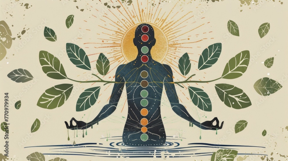 Wall mural Human Silhouette with Chakras Connected to Nature