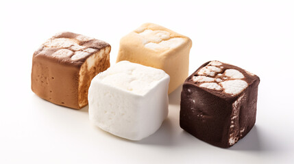 Assorted marshmallows on white background. Shallow dof.