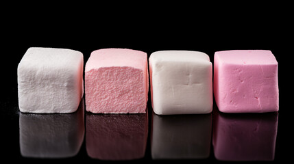 White and pink marshmallows on a black background with reflection.