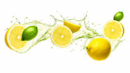 Lemon and lime in water splash isolated on white background