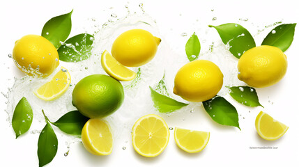 Lemon and lime slices with water splash isolated on white background.
