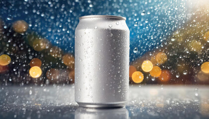 Close-up of white aluminum can mockup with drops. Beer or soda drink package. Refreshing beverage - obrazy, fototapety, plakaty