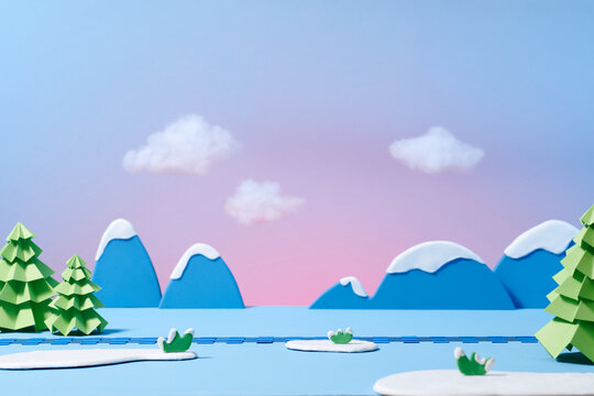 Winter season landscape with easy papercraft trees