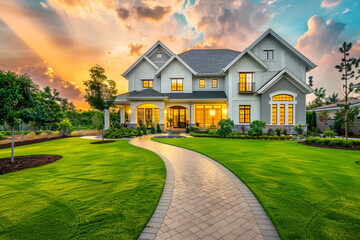 Dazzling new luxury home with a verdant lawn, pathway leading to a magnificently designed front porch, in golden hour lighting.
