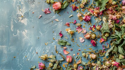 leaves dry flowers of herbal tea background. - obrazy, fototapety, plakaty