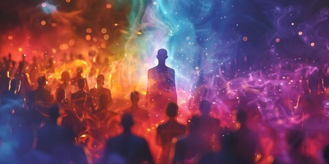 Blurred figure surrounded by colorful aura in a crowd depicting meditation and esoteric energy. Concept Meditation, Esoteric Energy, Blurred Figure, Colorful Aura, Crowded Scene - obrazy, fototapety, plakaty