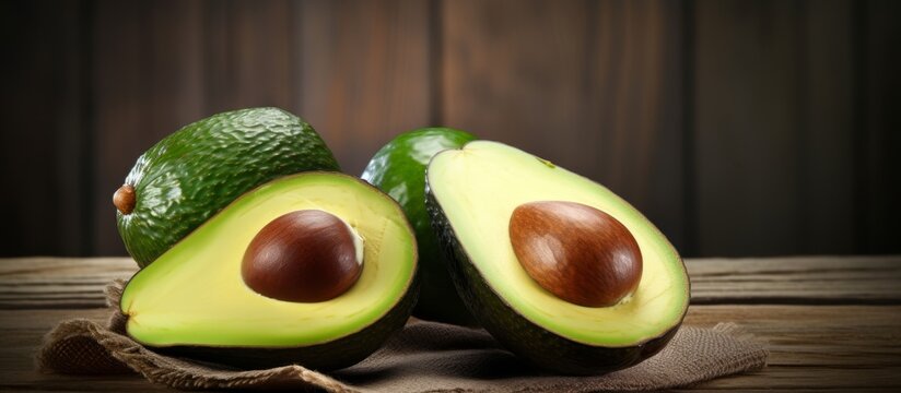 Two avocados, a superfood and accessory fruit, are sliced in half on a wooden table. This plantbased ingredient is part of the local food produce