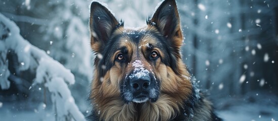 A German shepherd dog, a member of the Canidae family and the Sporting Group, is standing in the snow, its snout covered in flakes, looking directly at the camera - obrazy, fototapety, plakaty