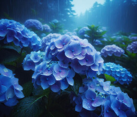 青いアジサイの花と雨粒
