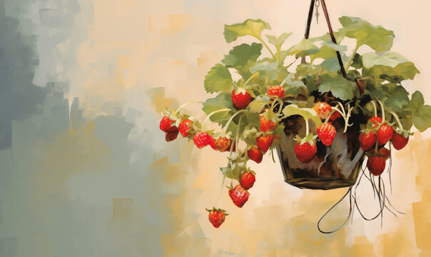 A hanging strawberry plant with fruit on the vine in impressionist-style background image 