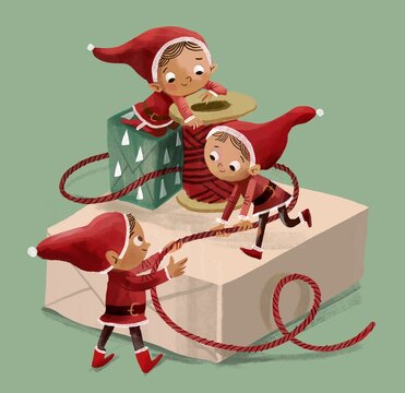 Santas elves wrapping the present gifts