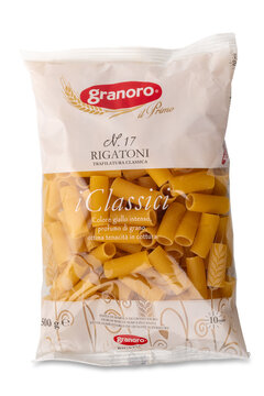 Italy - March 29, 2024: Granoro macaroni rigatoni pasta in isolated package on white with clipping path included. Granoro is Apulian Italian pasta factory in Corato (Bari), Italy.