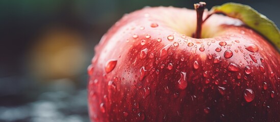 A closeup photo showcasing a ripe red apple covered in glistening water droplets. This natural food...