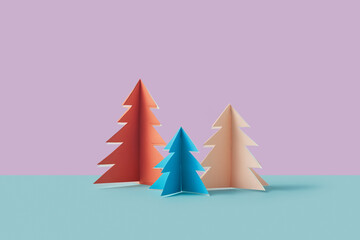 Three Christmas trees made of red, blue and beige colored paper