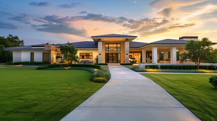 Luxe modern home exterior with a well-kept green lawn, inviting path to a grand porch and doorway, under a soft sky.
